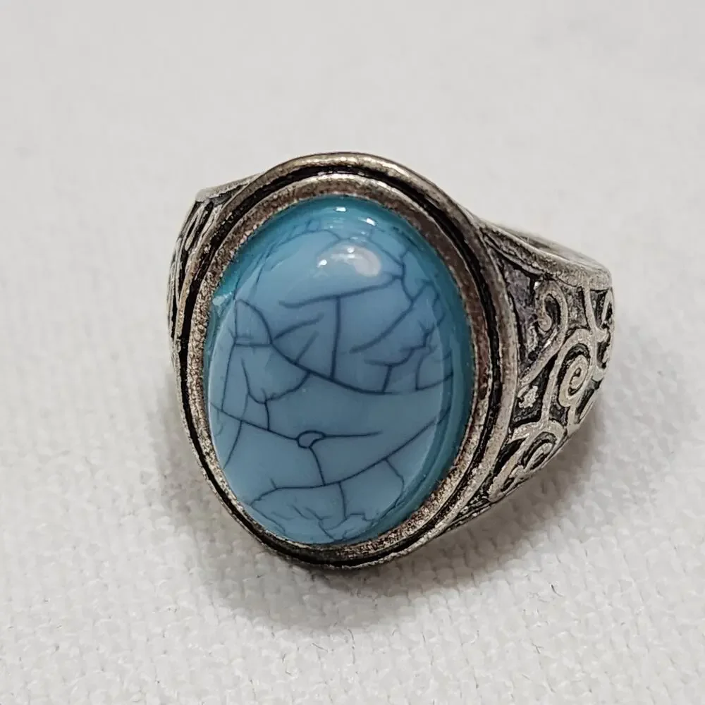 Mens Sz 8 Signet Ring Faux Simulated Turquoise Stainless Steel Ornate Scrollwork